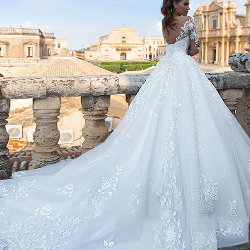 Long Sleeve Wedding Dress for Women Beaded Appliques Lace Up Sexy V-neck Princess Wedding Ball Gown Vestidos De Novia