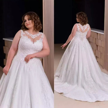 Customized Plus  Size Wedding Dresses Lace Appliques Scoop Neck Sleeveless A Line Bridal Gowns Elegant Woman Vestido De Novia