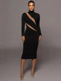 Elegant long sleeve bodycon maxi dress women autumn winter half high collar sexy party club