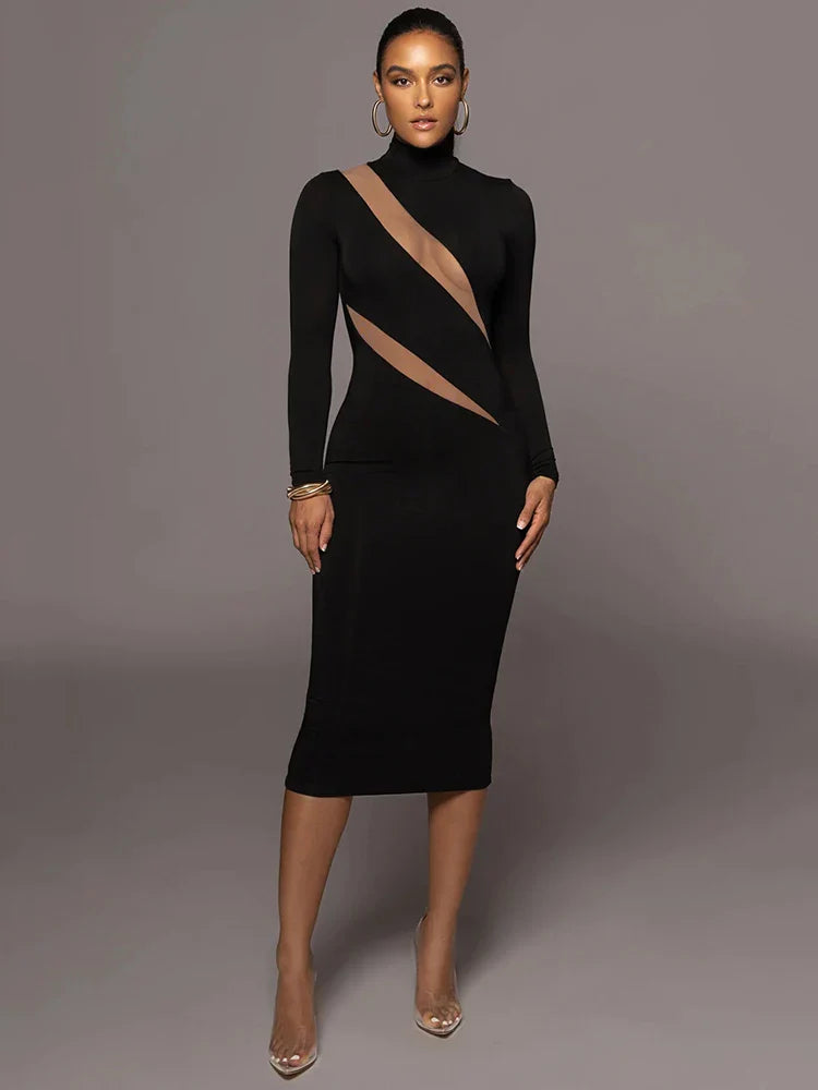 Elegant long sleeve bodycon maxi dress women autumn winter half high collar sexy party club