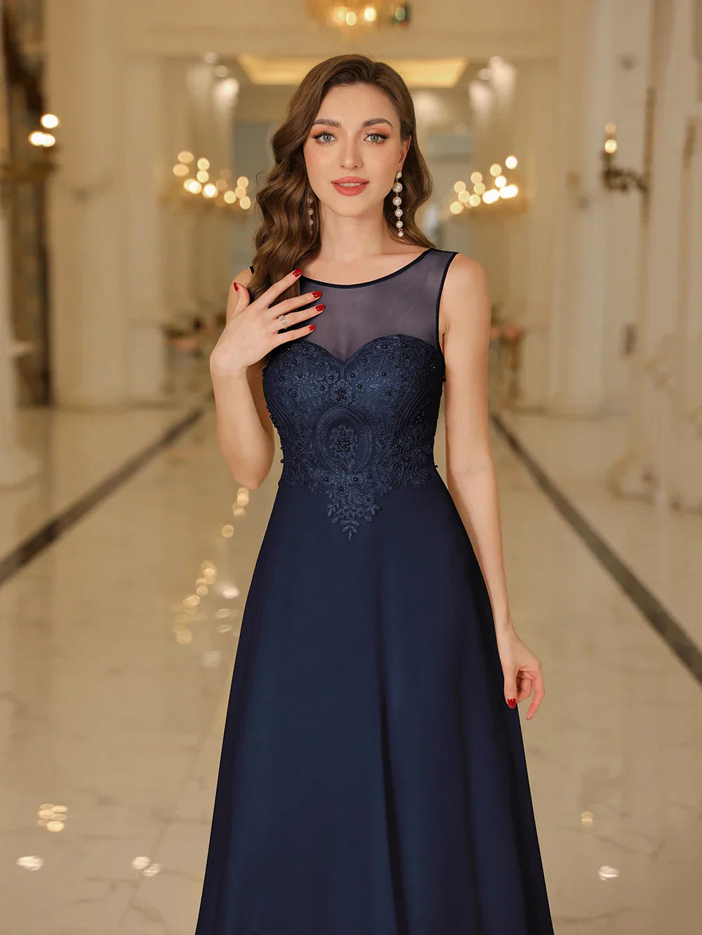 Evening Dress Illusion Net Sleeveless Bodice Lace Appliqued Jewels Zipper Back Full Length A-line Skirt Party Gown