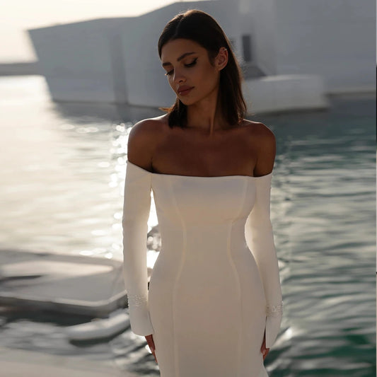 Classic Satin Wedding Dresses With Straight Shoulder For Woman Simple Lvory Bridal Gowns With Full Sleeves New Vestido De Novia