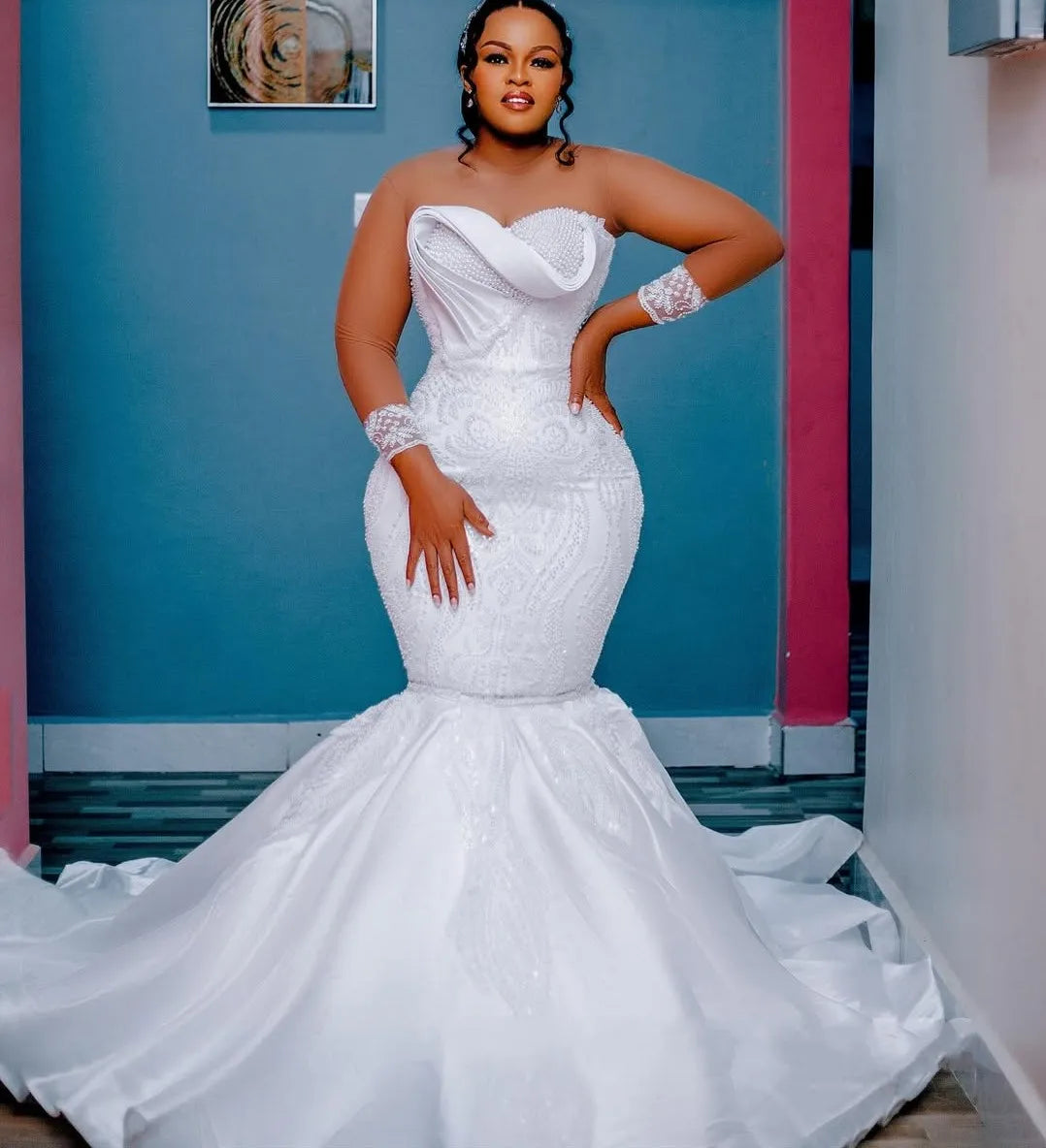 Plus size African mermaid wedding dress sheer neck long sleeves beaded tiered luxury lace pearl bridal gown