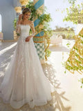 Long sleeve O-neck tulle lace A-line exquisite embroidery pleated button wedding dress side view