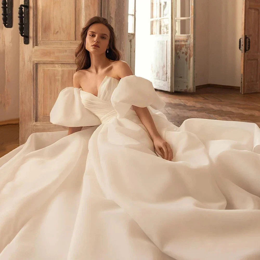 Simple charming off-shoulder puff sleeves sweetheart A-line backless wedding dress bridal gown