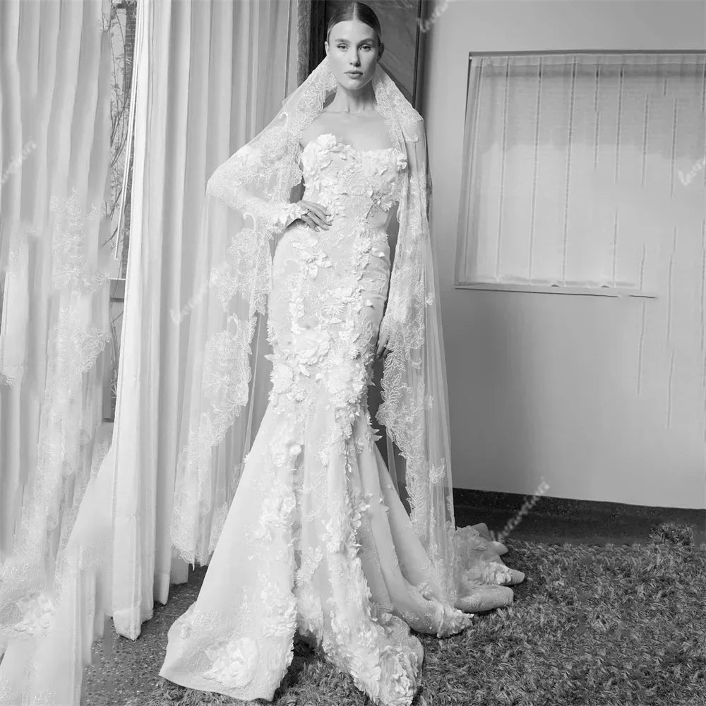 Modest Mermaid Lace Wedding Dresses Women Train Sweetheart Bride Dress Detachable Sleeve 3D Flowers Bridal Gown vestido de novia