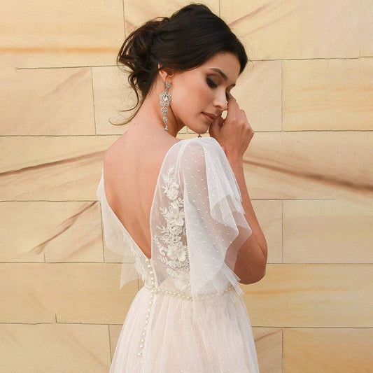 A Line Polka Dot Tulle Appliqued Wedding Dress Beading Backless Plus Size Boho A Line Customized Short Flare Sleeve Bridal Gown