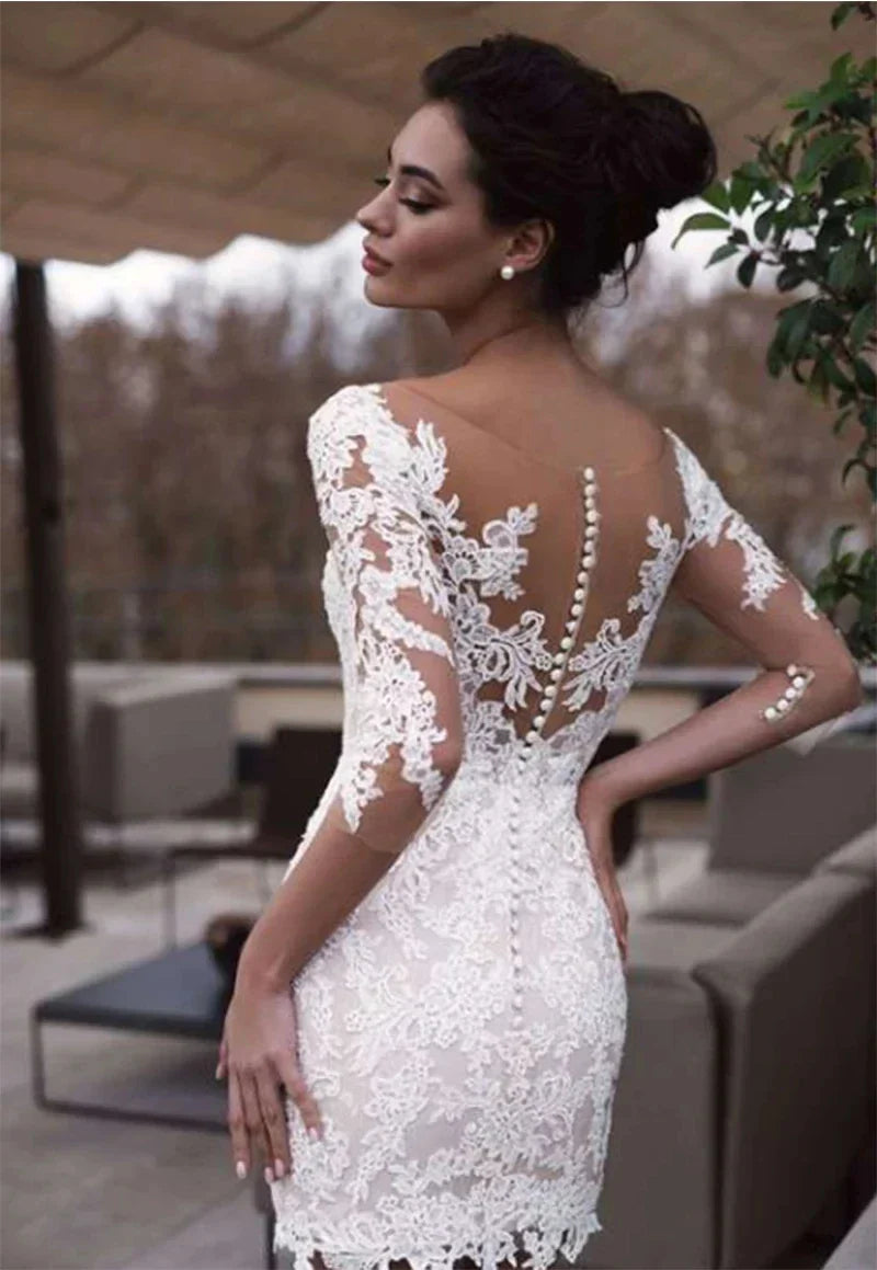 Charming Short Sheath Wedding Dress Sheer Neck 3/4 Sleeves Lace Appiques Beach Bride Party Gowns Robe Mariage