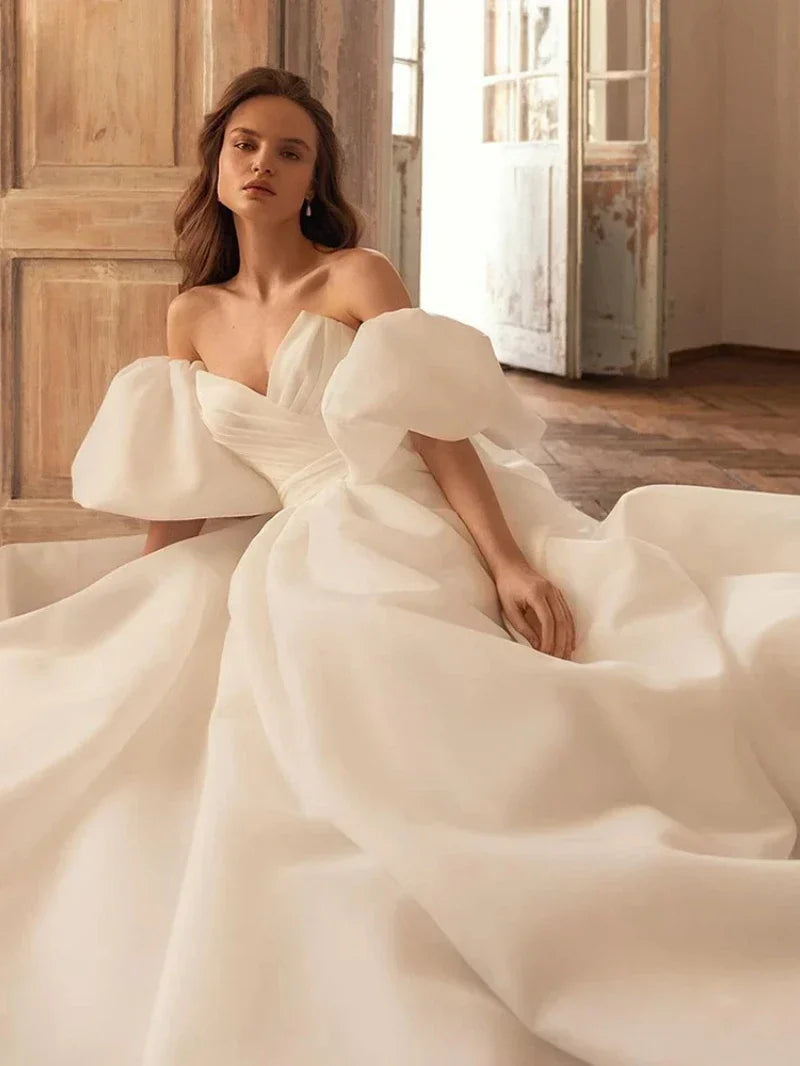 Charming backless sweetheart off-shoulder A-line puff sleeves simple wedding dress back view