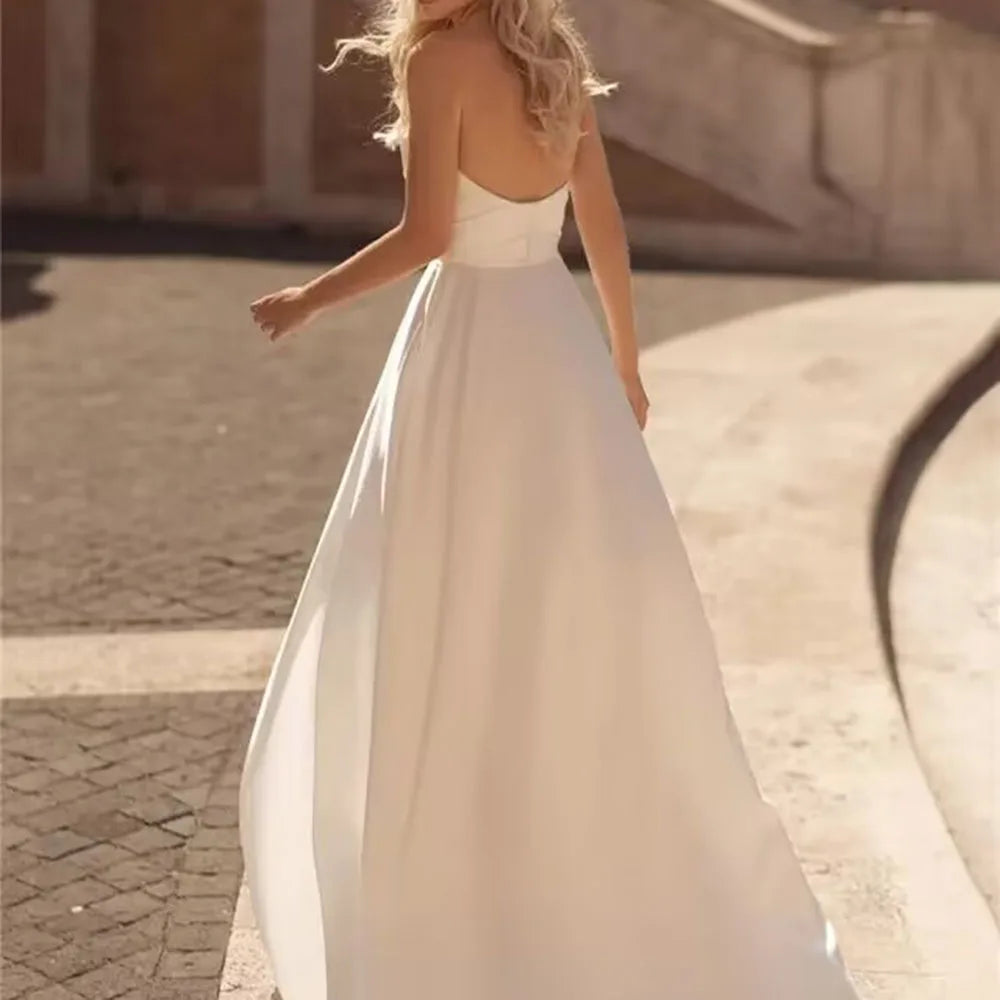 High side slit strapless backless satin simple elegant floor length sexy wedding dress side view