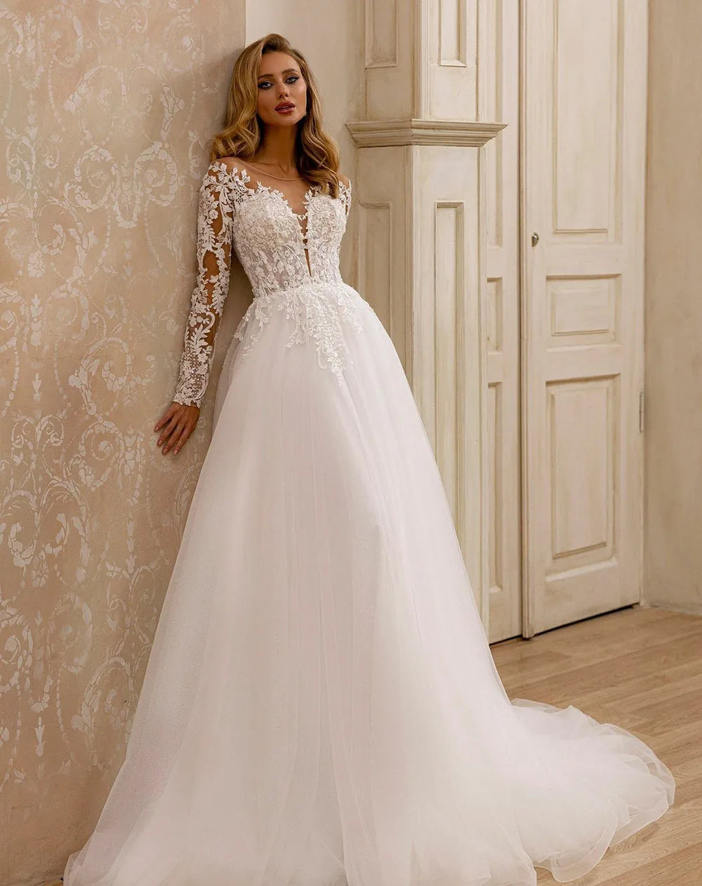 Boho Wedding Dress A-line Tulle Princess Wedding Bridal Dress Long Sleeve Lace Appliques Illusion Bohemia Bride Gown Customized
