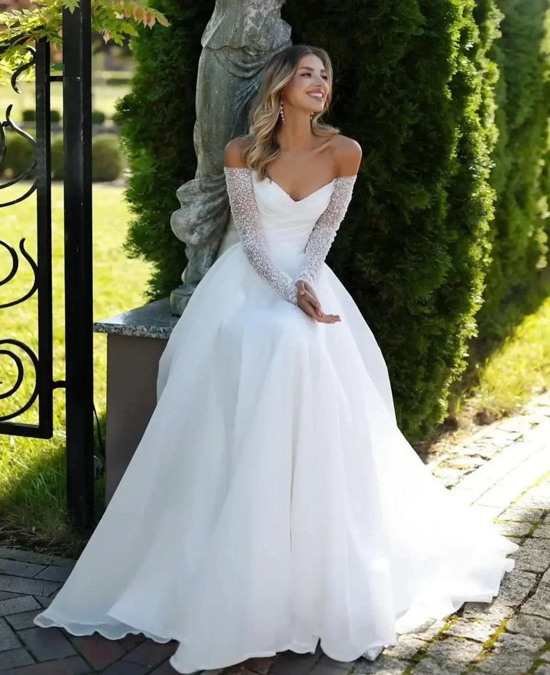 Shiny beaded sequined wedding dress 2026 detachable long sleeves strapless A-line organza sweep train