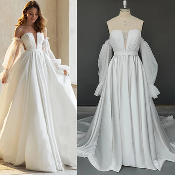 Detachable Sleeves Satin Wedding Dresses 2022 Polka Dots Tulle Customized Ruched Off Shoulder Cathedral Bridal Gown Plus Size