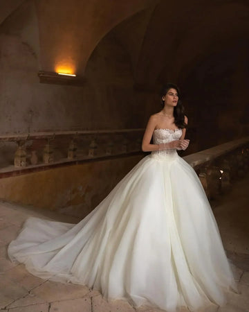Stylish elegant strapless sleeveless sexy A-line tulle sweep train bridal gown front view