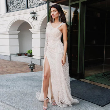 Sharon Said Luxury Champagne Mermaid Arabic Evening Dress for Women Wedding Guest Plus Size Overskirt Formal Party Gowns SS128