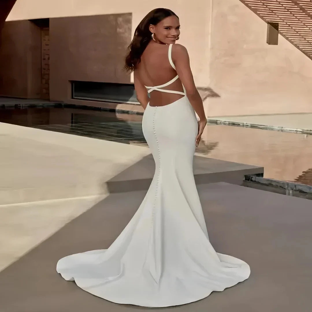 Simple mermaid wedding dress straps square neck backless soft satin court train sweep train bridal gown