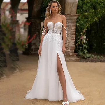 Customized Off Shoulder V Neck Boho Wedding Dress Lace Appliques Sexy Slit Tulle Brides Gown A Line Backless Bridal Dress
