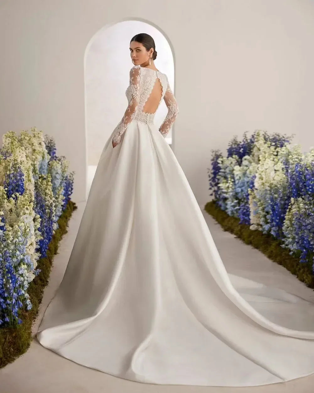 Customized A-line Lace Satin Wedding Dress Pockets Open Back Long Sleeve Women Princess Brides Wedding Gown Vestido De Novia