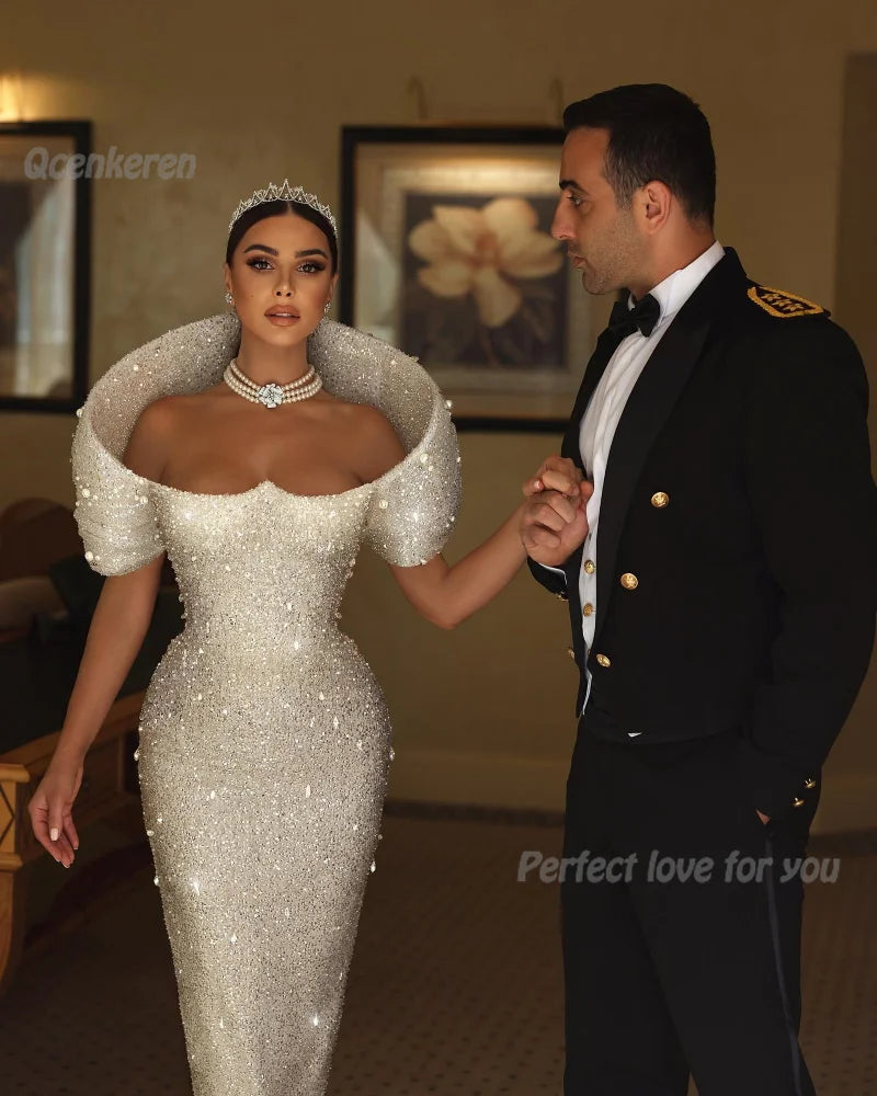 Luxurious Mermaid Wedding Dress Pearls Sequins Custom Made Off The Shoulder Bridal Gowns Vestido De Novia For Women