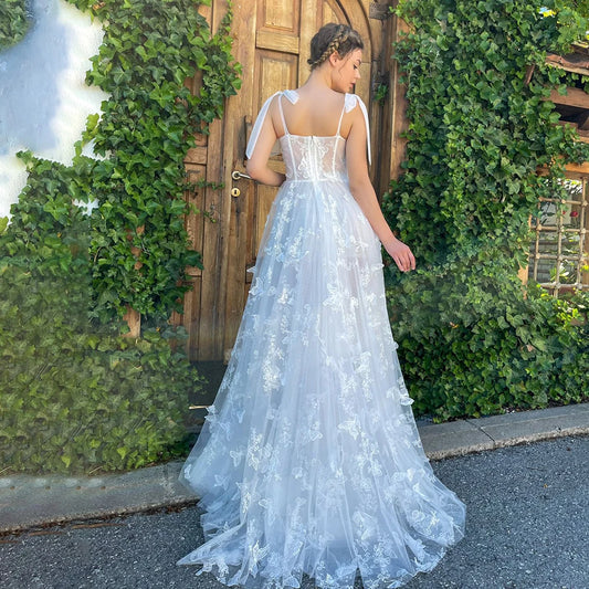 A Line Sweetheart Wedding Gowns Customized Low Cut Sleeveless Butterfly Lace Bow Straps High Split Fairy Romantic Bridal Dress