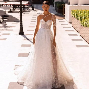 Exquisite one-shoulder shiny beading sequins high split lace-up backless bridal gown size chart