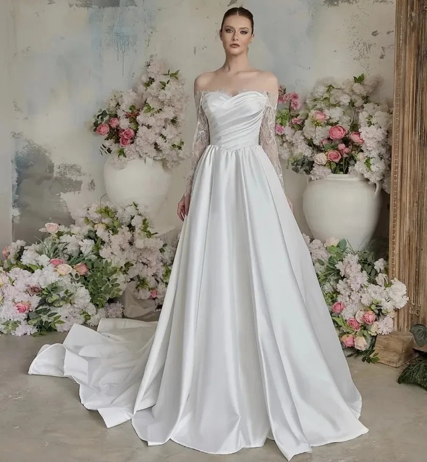 Elegant A-line wedding dress 2026 sheer neck lace long sleeves satin church bride bridal gown