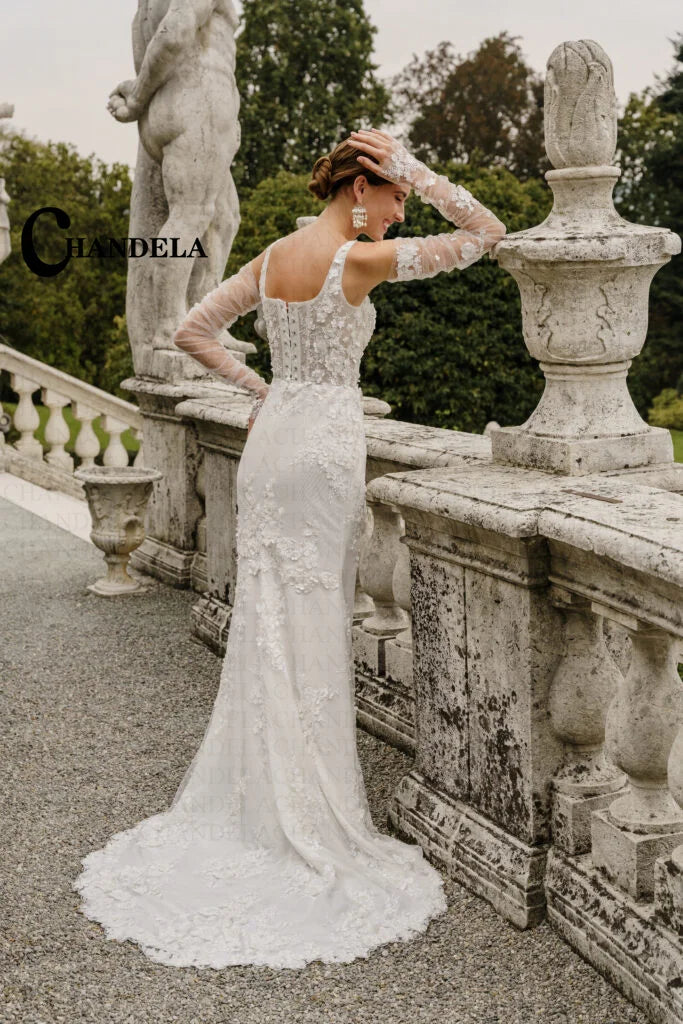 Mermaid wedding gown square collar sleeveless backless lacing-up appliques chapel train bridal dress