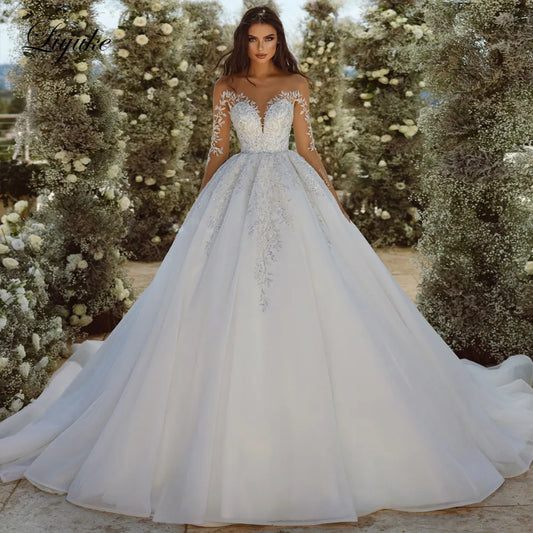 Elegant Silky Organza A-Line Wedding Dresses Beading Pearls Appliques Full Sleeves Illusion Neck Bridal Gowns champagne