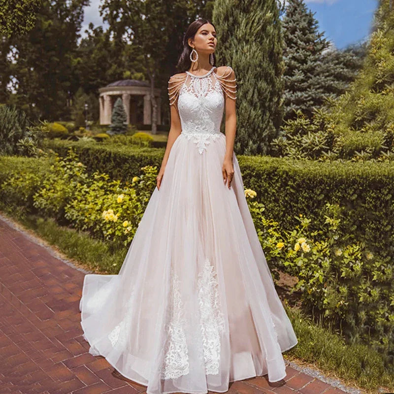 A-line halter wedding dress beads lace appliques tulle pleats sweetheart train bridal gown