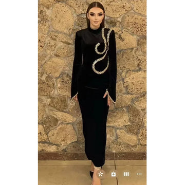 High Quality Shining Diamonds Half High Collar Black Long Bandage Dress Elegant Woman Evening Party Dress Cocktail Party Outfit