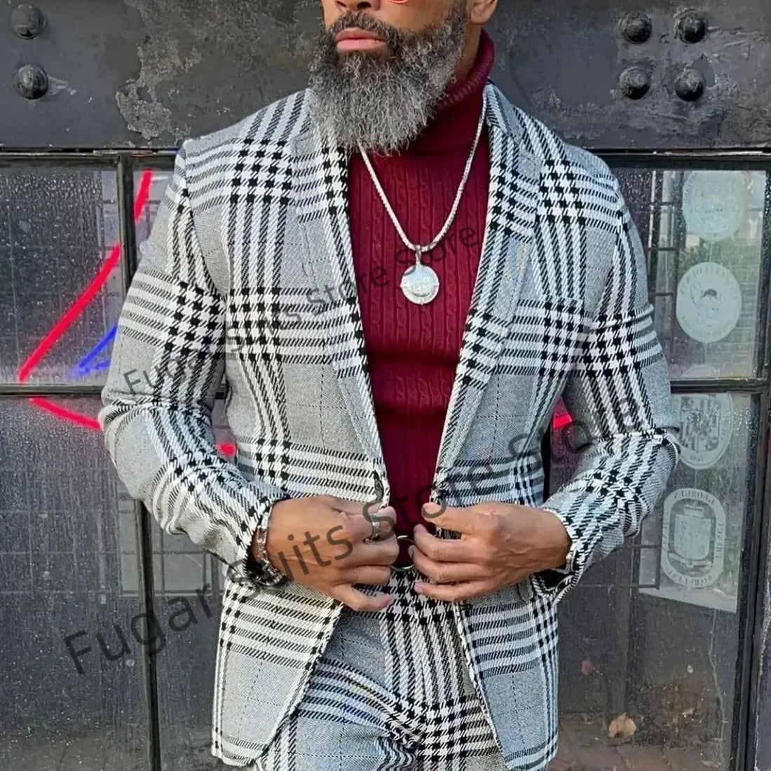 Classic gray checkered men suit slim notch lapel 2 pieces groom wedding tuxedo blazer trousers