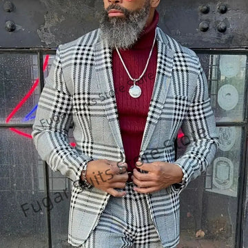 Classic gray checkered men suit slim notch lapel 2 pieces groom wedding tuxedo blazer trousers