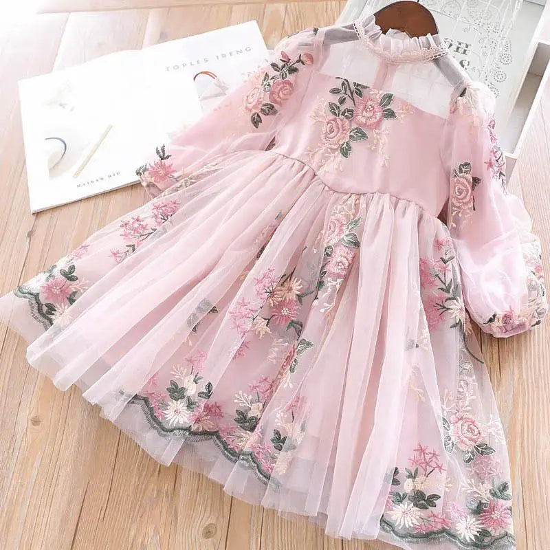 Elegant Flower Party Dress Long Sleeve Princess Dresses Xmas New Year Birthday Children Clothing Girls Casual Vestidos 3-8 Years