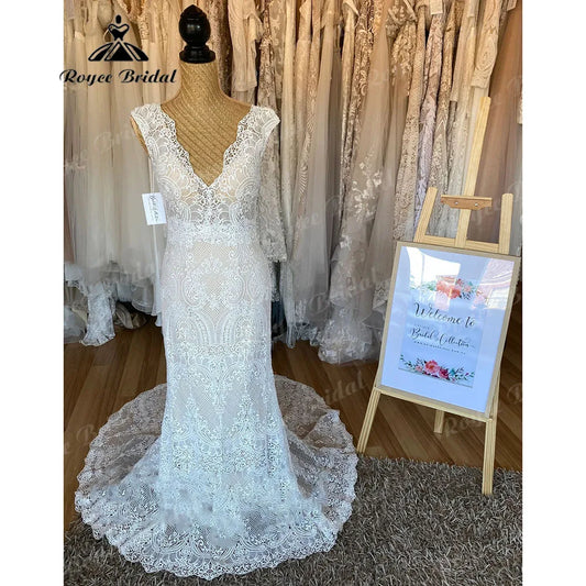 Vintage Boho Lace Behemian Mermaid Wedding Dress Robe Civil Country Bridal Gowns Sexy Backless robe mariage femme Customized 