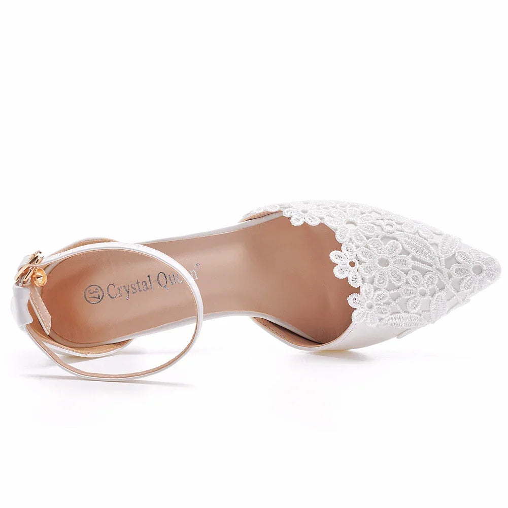 Crystal white lace elegant ankle strap fashion party high heels women wedding shoes detail