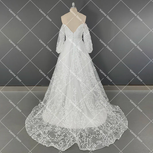 Long Puffy Sleeves A Line Vine 3D Lace Wedding Party Dress V Neck Luxury White Customized See Through Bodice Modest Bridal Gown