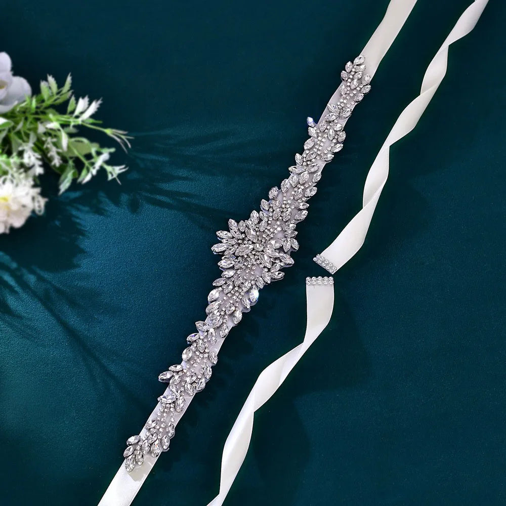 Crystal Rhinestones Wedding Belt Silver Color Bridal Belts Sash Ribbon For Women Party Dinner Dress Bride Jewelry