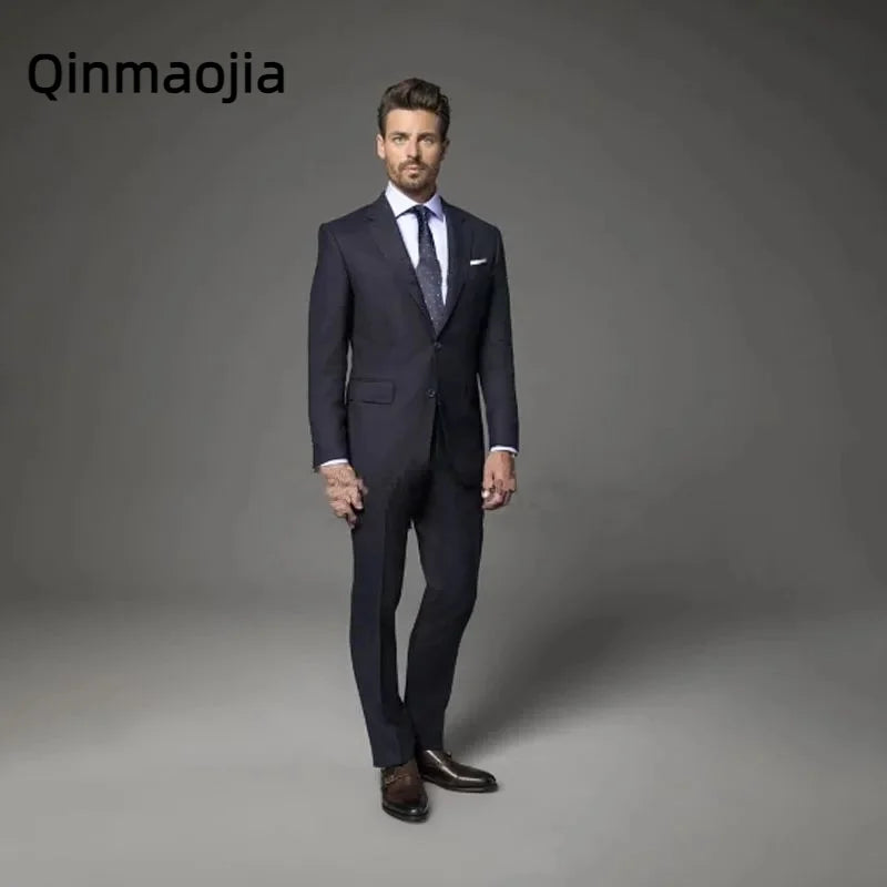 Classic black men suit slim notch lapel formal business wedding groom tuxedo 2 piece pants