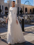 Exquisite O-neck lace long sleeve wedding dress button back satin tulle appliques civil bridal gown
