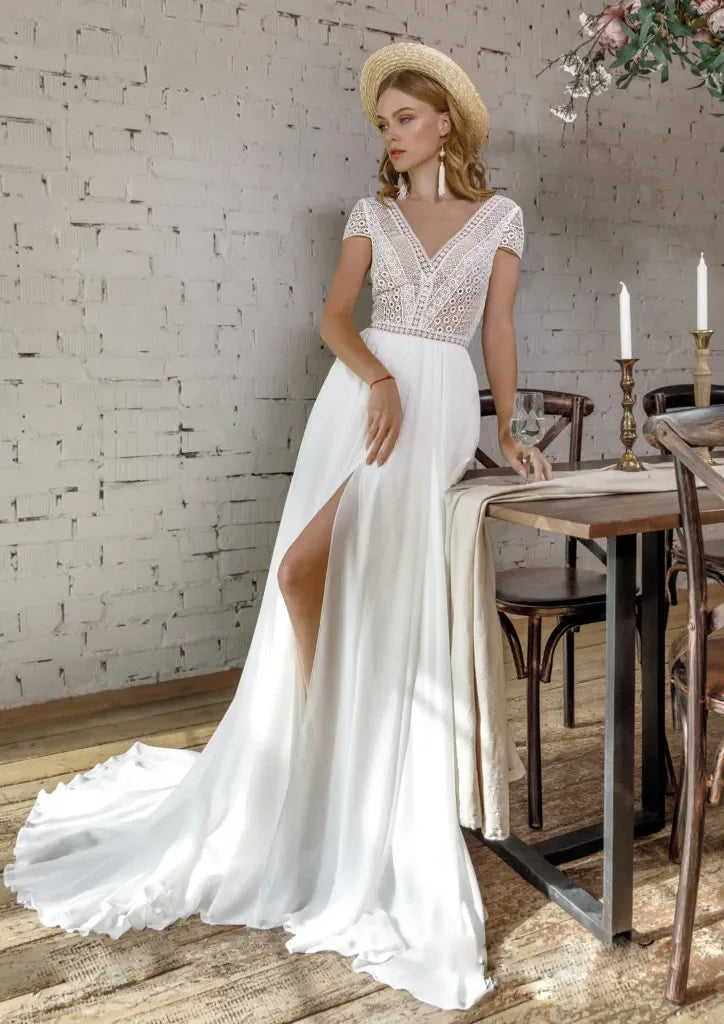 Elegant Princess Beach Garden Backless Wedding dress V-neck backless split bridal gown Bohemia A Line sweeping train robe