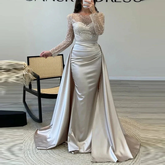 Luxury Banquet Long Sleeve Sequins Evening Dress Temperament O Collar Prom Gown Chic Patchwork Slim Pleated 2025 New Year Dress