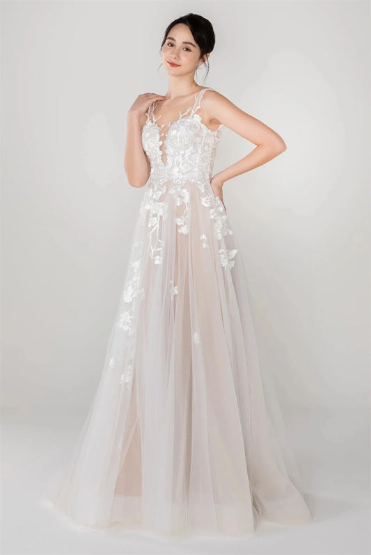 Charming Sheer Illusion Lace Applique Bridal Grown A Line Wedding Dresses Backless Custom Made Vestido De Noival