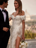 Off-the-shoulder classic lace appliques graceful luxury pearls feathers bride wedding dress ivory