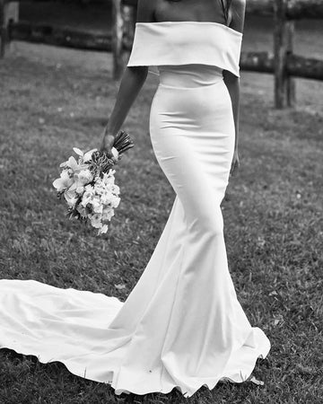 Off Shoulder Wedding Dresses for Bride Women Mermaid Simple Civil Pleat Bridal Gowns Court Train Bride Dress Customized