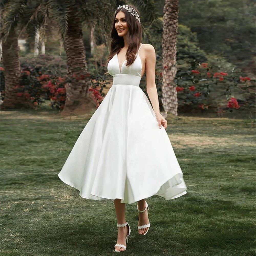 Elegant simple spaghetti straps satin short wedding dress A-line tea length bride beach gown