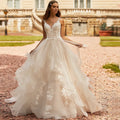 Lace ball gown V-neck spaghetti strap zipper tiered appliques court train wedding dress bridal gown