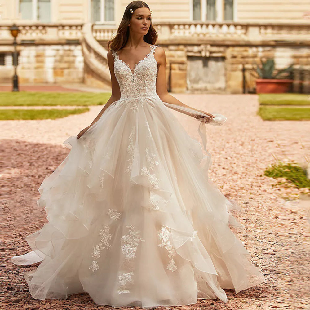 Lace ball gown V-neck spaghetti strap zipper tiered appliques court train wedding dress bridal gown
