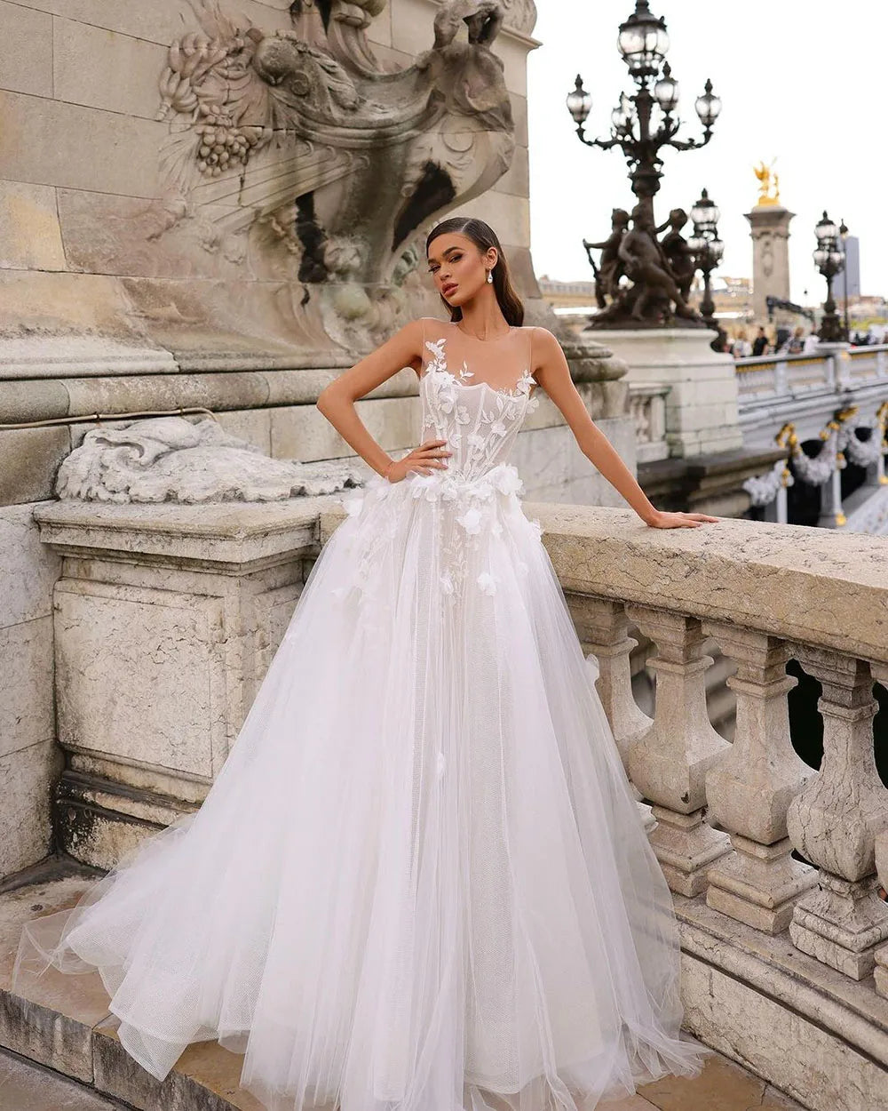 O-neck sleeveless corset boho 3D flower princess bride wedding dress size chart 1