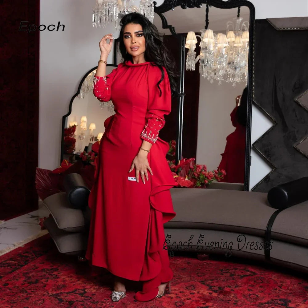 Women's Luxury Evening Dress فساتين سهره سعوديه Elegant Sequined Straight O-Neck Formal Red Cocktail Prom Gown