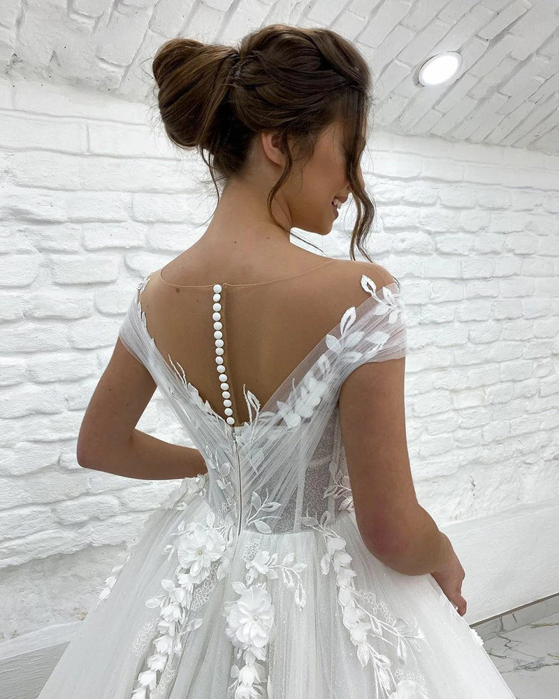 Boho off-shoulder 3D lace sleeveless wedding dress – back view – Snowy Bridal